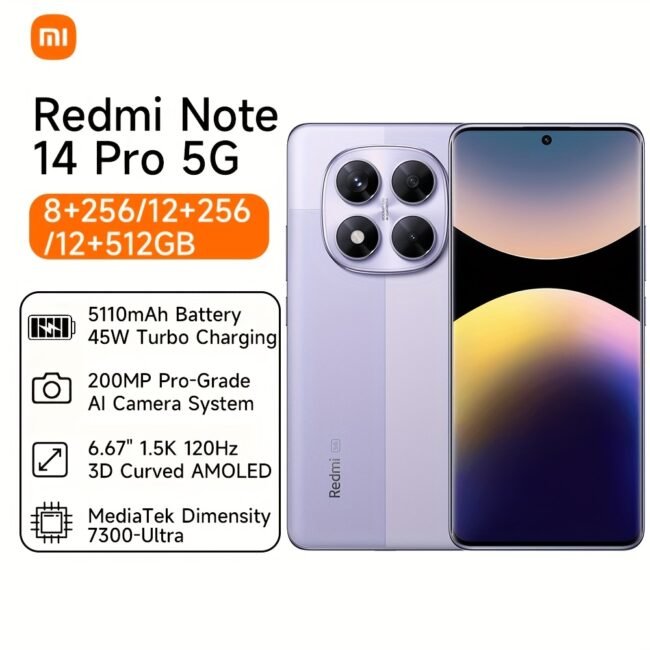 Xiaomi Redmi Note 14 Pro 5G Smartphone, 8+256/12+256/12+512GB, Dual SIM, 6.67" 1.5K 120Hz 3D Curved AMOLED Display, 200MP AI Camera, 5110mAh Battery 45W Turbo Charging, Global Version, Charger Removal